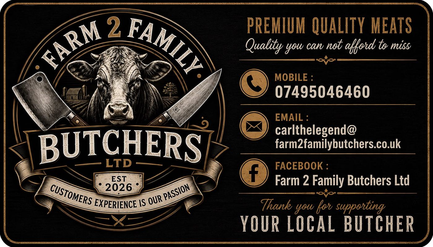 Farm 2 Family Butchers Ltd contact card showing mobile 07495 046460, email carlthelegend@farm2familybutchers.co.uk and Facebook page